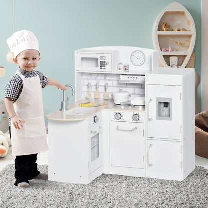 Corner Kids Kitchen Playset, Wooden Pretend Toy Kitchen Set with Drinking Fountain, Microwave, Fridge and Accessories, Pretend Play Kitchen for 3+ Years, White