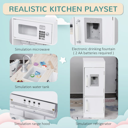 Corner Kids Kitchen Playset, Wooden Pretend Toy Kitchen Set with Drinking Fountain, Microwave, Fridge and Accessories, Pretend Play Kitchen for 3+ Years, White