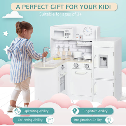 Corner Kids Kitchen Playset, Wooden Pretend Toy Kitchen Set with Drinking Fountain, Microwave, Fridge and Accessories, Pretend Play Kitchen for 3+ Years, White