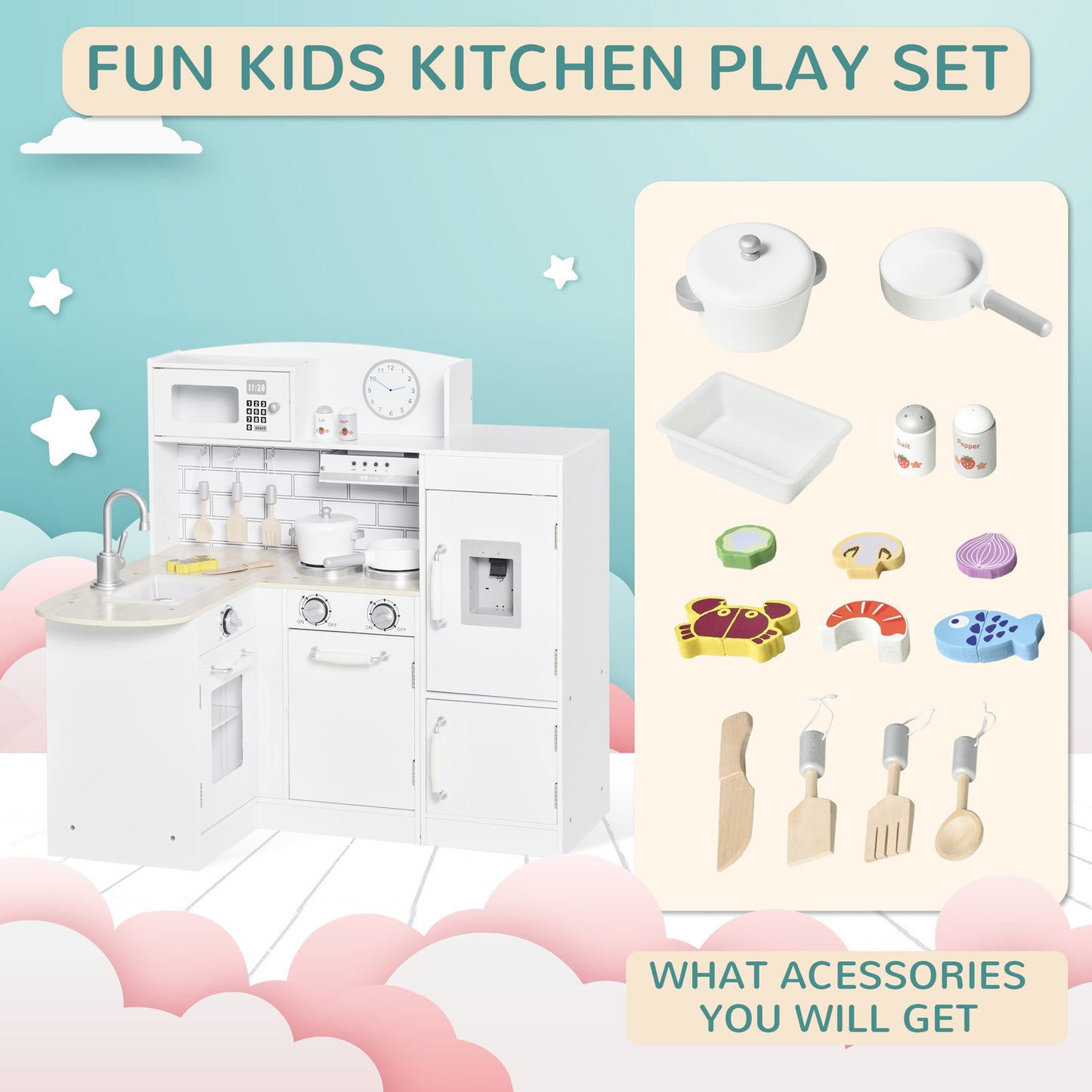 Corner Kids Kitchen Playset, Wooden Pretend Toy Kitchen Set with Drinking Fountain, Microwave, Fridge and Accessories, Pretend Play Kitchen for 3+ Years, White