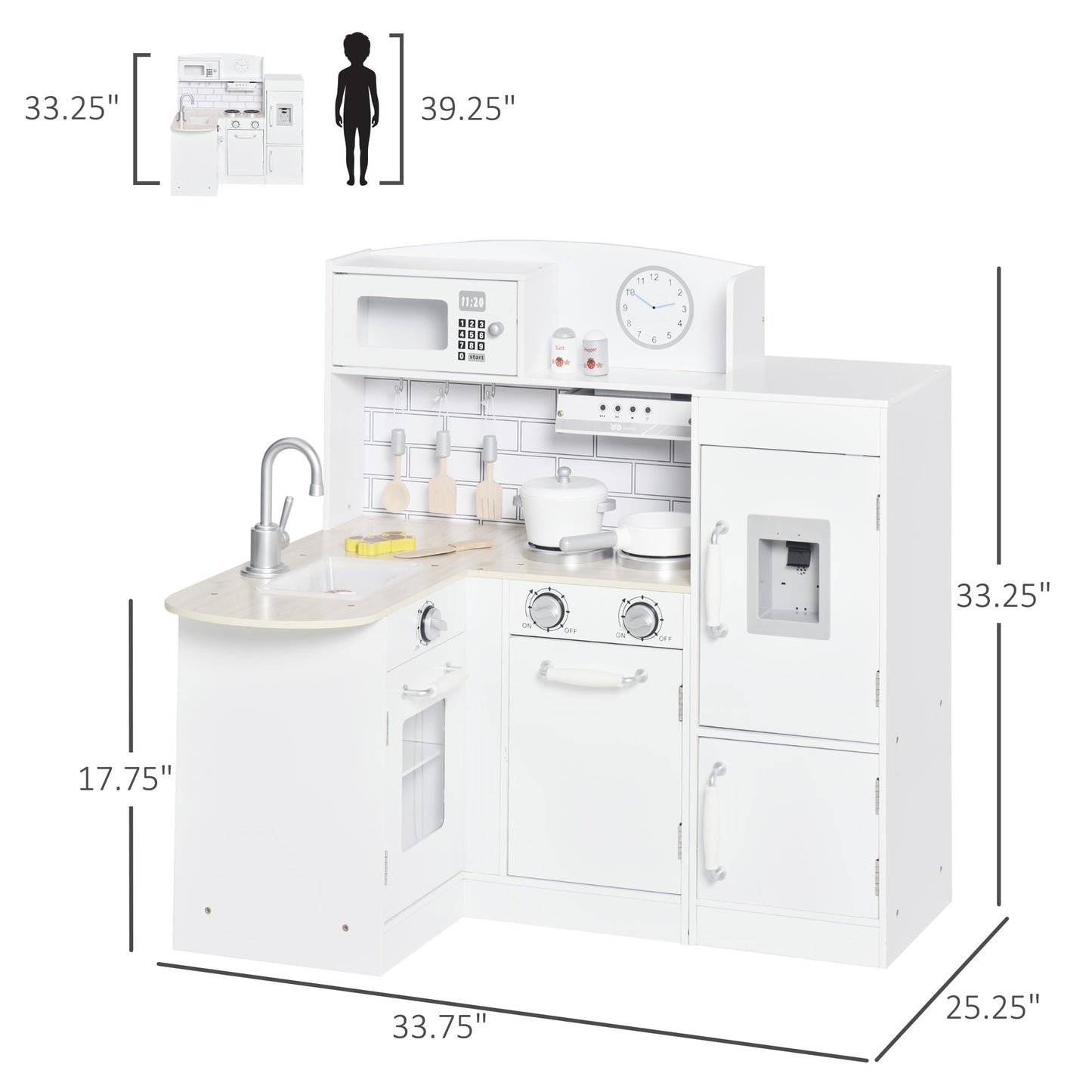 Corner Kids Kitchen Playset, Wooden Pretend Toy Kitchen Set with Drinking Fountain, Microwave, Fridge and Accessories, Pretend Play Kitchen for 3+ Years, White