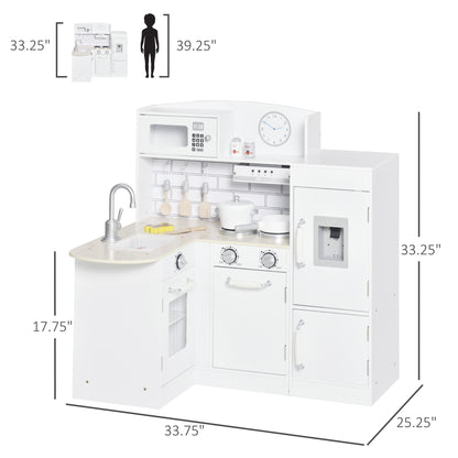 Corner Kids Kitchen Playset, Wooden Pretend Toy Kitchen Set with Drinking Fountain, Microwave, Fridge and Accessories, Pretend Play Kitchen for 3+ Years, White