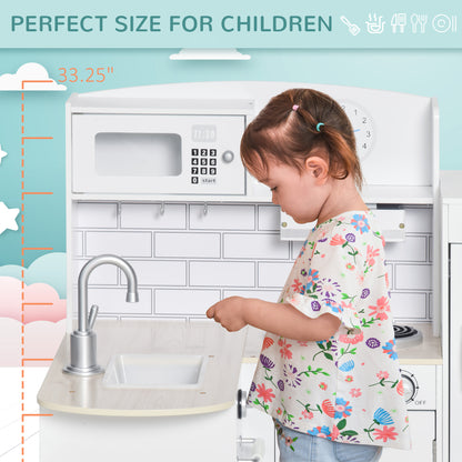 Corner Kids Kitchen Playset, Wooden Pretend Toy Kitchen Set with Drinking Fountain, Microwave, Fridge and Accessories, Pretend Play Kitchen for 3+ Years, White
