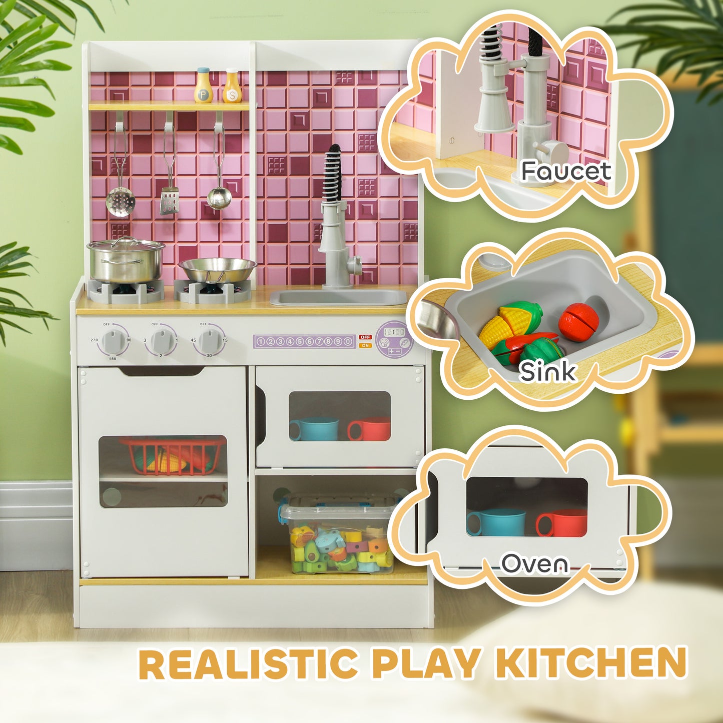 Kids Play Kitchen, Pretend Play Kitchen With Realistic Oven, Stove, Sink, Kitchen, Accessories, White